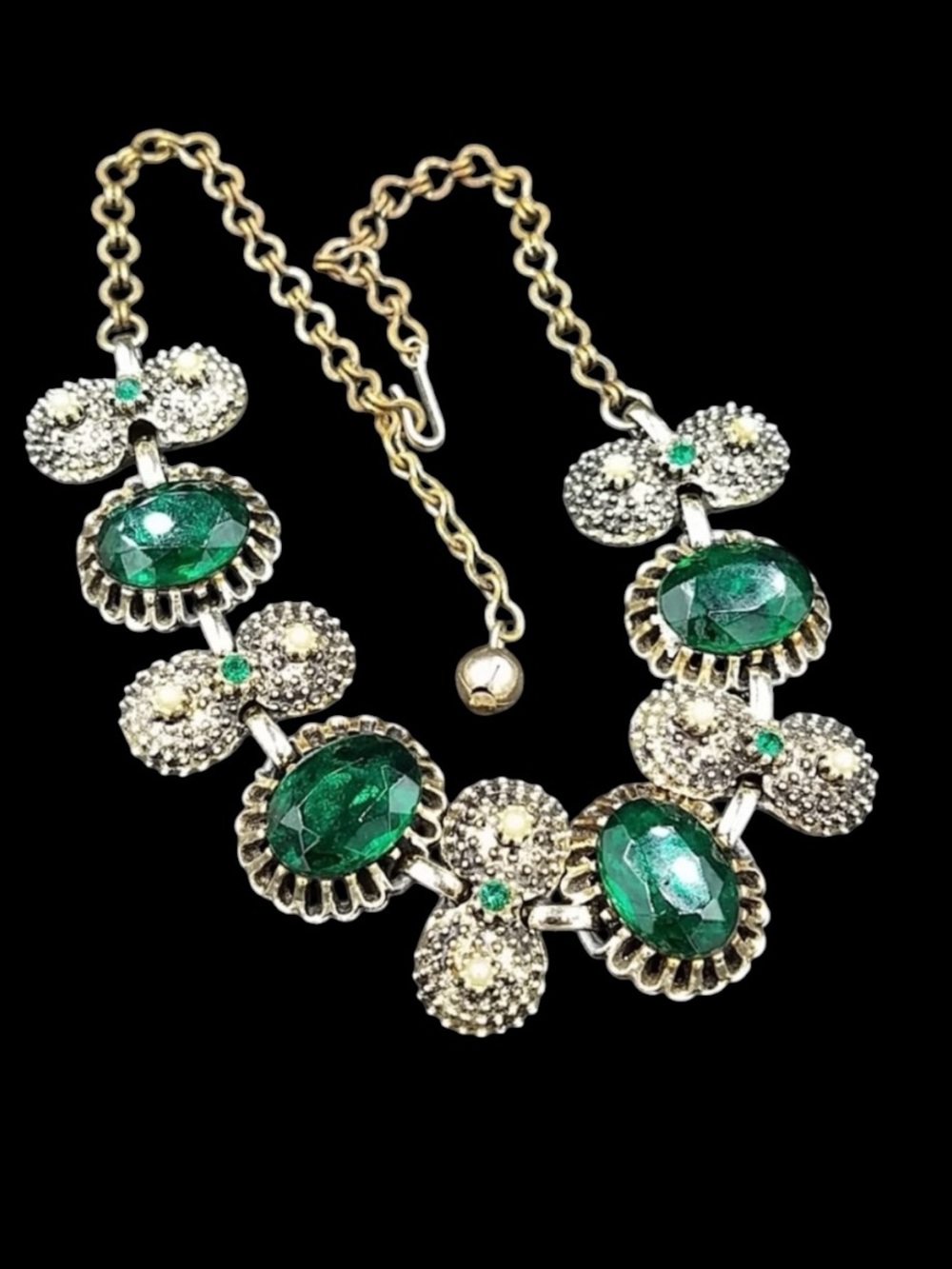 Vintage Chunky Emerald Glass Renaissance Revival Necklace